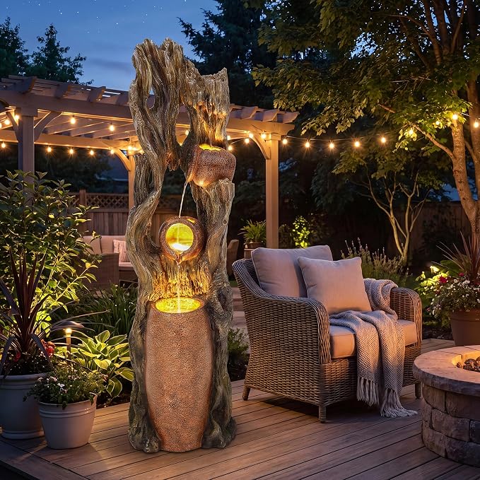 42.7" 3-Tier Outdoor Water Fountain LED Tree Trunk Jar Waterfall | vintage terra-cotta pots, patio backyard garden,Serene Relaxing Porch Decor