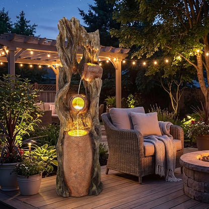 42.7" 3-Tier Outdoor Water Fountain LED Tree Trunk Jar Waterfall | vintage terra-cotta pots, patio backyard garden,Serene Relaxing Porch Decor