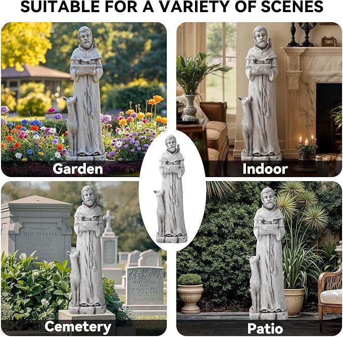 St Francis Garden Statue, 36.2" Saint Francis Catholic Outdoor Statues, Large Religious Christian Sculpture Decor for Prayer and Meditation, Patron Saint of Animals Patio in Durable MGO Stone