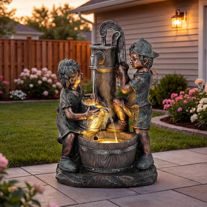 26" Boy and Girl Outdoor Fountain LED 3-Tier Cascading Waterfall | bronze finish, children drawing water scene, patio garden Porch