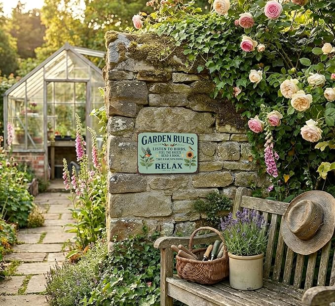 Garden Rules Metal Sign, Vintage Relax Garden Wall Art with Bird Sunflower, Retro Outdoor Decor Plaque for Patio Porch Yard She Shed Greenhouse Home Garden Decor 8x12 Inch