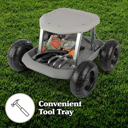Gardening Stool - Rolling Garden Seat with Wheels and Storage Tool Tray - Garden Cart Scooter - Yard Tools by Pure Garden (Gray)