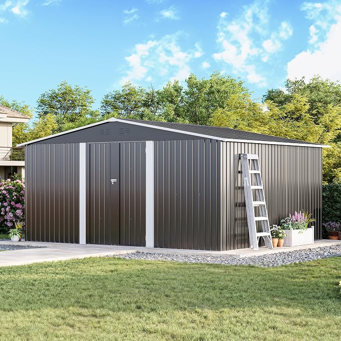 MXV 14 x 12FT Outdoor Storage Shed, Metal Garden Shed with Windows, Double Lockable Doors & Sloped Roof, Waterproof Tool Sheds for Backyard Garden Patio Lawn, Black