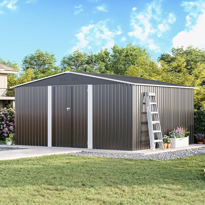 MXV 14 x 12FT Outdoor Storage Shed, Metal Garden Shed with Windows, Double Lockable Doors & Sloped Roof, Waterproof Tool Sheds for Backyard Garden Patio Lawn, Black