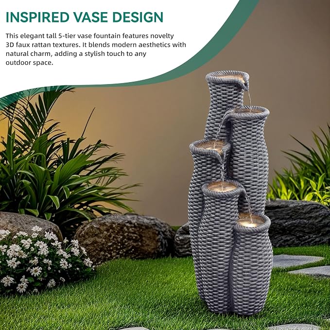 Autodaya 5-Tier Faux Rattan Outdoor Water Fountain & Waterfalls with Lights | Unique Natural Vase Water Feature With Cascading Soothing White Noise, Tranquil Oasis For Garden, Patio, Yard, Or Porch Decor