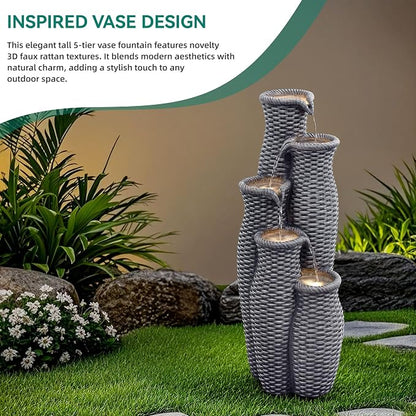 Autodaya 5-Tier Faux Rattan Outdoor Water Fountain & Waterfalls with Lights | Unique Natural Vase Water Feature With Cascading Soothing White Noise, Tranquil Oasis For Garden, Patio, Yard, Or Porch Decor