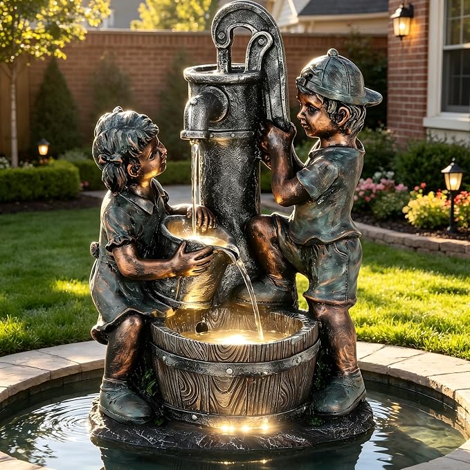26" Boy and Girl Outdoor Fountain LED 3-Tier Cascading Waterfall | bronze finish, children drawing water scene, patio garden Porch