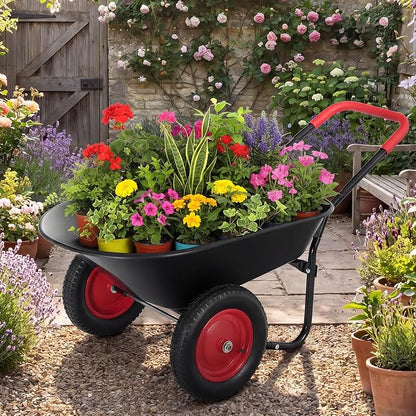 2 Wheel Wheelbarrow, Dual-Wheel Garden Dump Cart with 13" Non-Slip Pneumatic Tires & Ergonomic Padded Handle, Heavy-Duty Home Utility Yard Cart Wagon with 4.5 Cu Ft Capacity for Lawn, Gardening