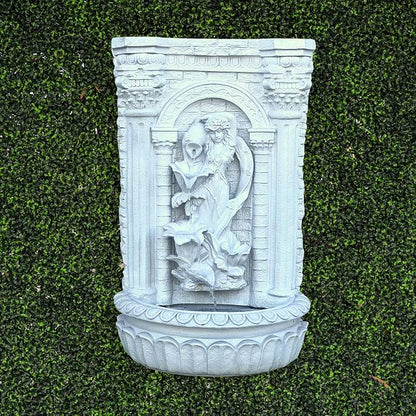 XBrand 30.3" Solar-Powered Outdoor Wall Fountain with Flower Maiden Statue, Antique Stone Waterfall Design for Garden, Yard Décor & Bird Bath, Polyresin