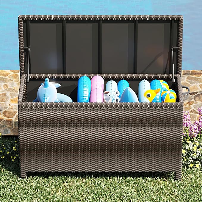 Wicker Deck Box, 125 Gallon All-Weather Outdoor Storage Box, Rattan Storage Bin for Patio Furniture, Outdoor Cushions, Pool Storage and Garden Tools, Brown