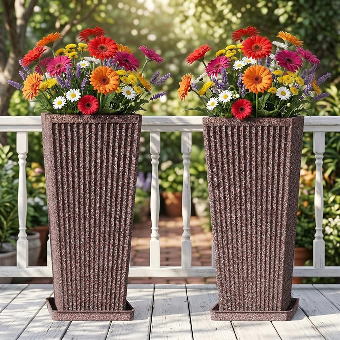 24" Square Tall Planters for Outdoor Plants Set of 2 - Faux Concrete Classic Tapered Indoor Flower Pots with Tray/Drainage Holes/Partition, Large Outdoor Planters for Porch Patio Garden, Brown