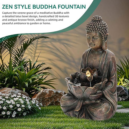 29" Zen Meditating Buddha Statue Outdoor Fountain with LED Lights | Zen Style Water Feature with Resin Lotus Soothing Cascading Waterfall for Patio, Backyard, Garden or Porch
