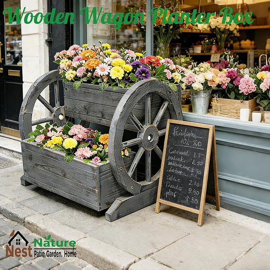 NestNature Wooden Wagon Planter Box|Raised Garden Bed W/Wheels for Plants | 2 Tier Classic Rustic Flower Pot Use Indoor&Outdoor Decor On Patio,Porch,Garden-Outdoor Planter For Flowers,Herbs,Vegetables