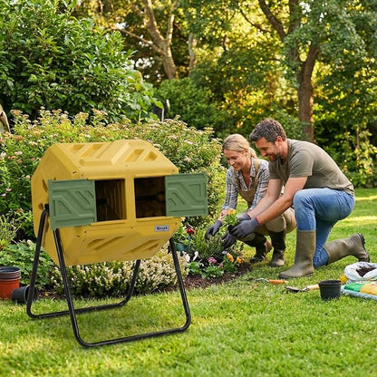 Werph 43 Gal Outdoor Compost Bin for Garden & Kitchen Waste, Yellow | Fast Assembly, Dual Chamber with Aeration System, 360° Rotating, Tumbling Composting Bin for Kitchen, Garden, Yard