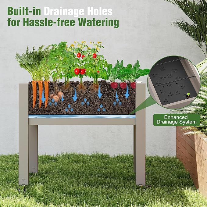Fancyango Raised Garden Bed with Wheels 26.3" H -Gray | Resin Elevated Garden Planter Box with Drainage, Outdoor Planter Box for Veggies Herbs Patio Balcony Backyard
