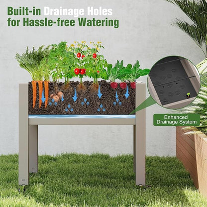 Fancyango Raised Garden Bed with Wheels 26.3" H -Gray | Resin Elevated Garden Planter Box with Drainage, Outdoor Planter Box for Veggies Herbs Patio Balcony Backyard