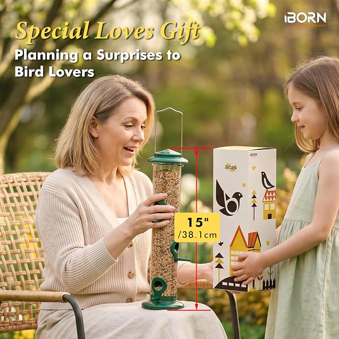 iBorn Metal Bird Feeders 6 Ports Hanging Wild Bird Seed Feeder for Mix Seed Blends, Seed Feeder, Sunflower Heart, Birdbath, Heavy Duty All Metal Green Finishing 15 Inch 6Port,Gift Box