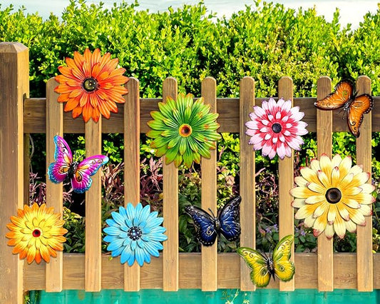 Gisafai 10 Pack Metal Flower Wall Decor Outdoor, 3D Daisy and Butterfly Metal Garden Wall Art, Colorful Fence Decorations for Patio Backyard Balcony Porch, Summer Housewarming Gift(Classic)