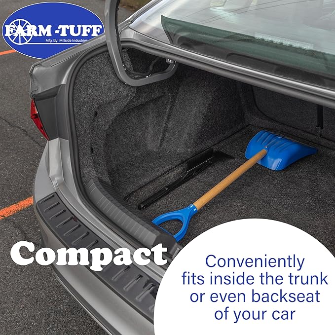 Farm-TUFF Multipurpose Car & Trunk Shovel - Heavy-Duty Ash Hardwood Handle & Non-Stick Plastic Blade - Compact, Lightweight & Durable for Snow, Soil, Mulch & Gardening, Blue, 10in
