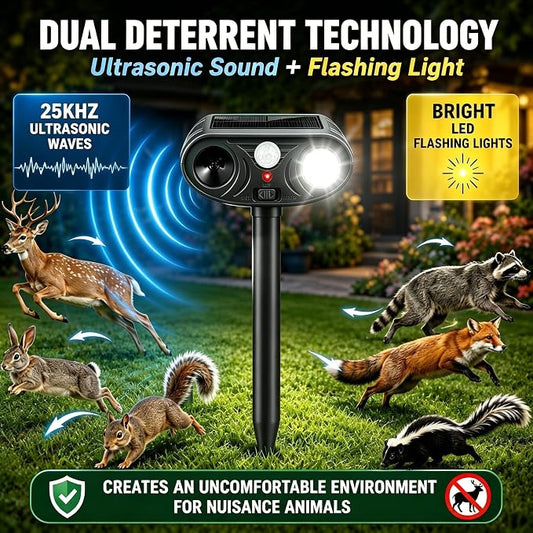 2026 new Solar Animal Repellent Ultrasonic Outdoor with Light Deer Repellent Devices Ultrasonic Cat Repellent Outdoor Fox Raccoon Rabbit Squirrel Coyote Deterrent Waterproof for Yard & Garden Black