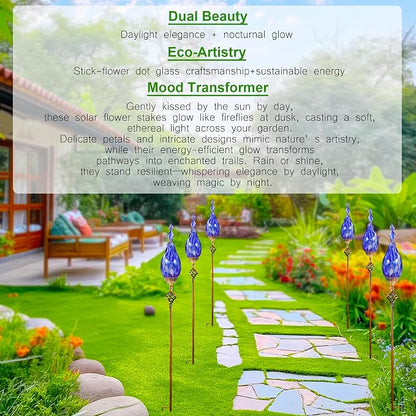 Solar Garden Lights Outdoor, Decorative LED Flame Garden Stakes, Hand Blown Glass and Outdoor Waterproof Glass Stakes (Dark Blue)