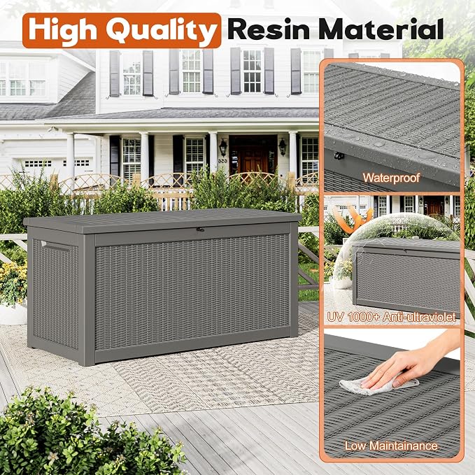 Outdoor Storage Box, Resin Deck Boxes Indoor and outdoor, Waterproof Storage Box Lockable Lid Grey,320 Gallon