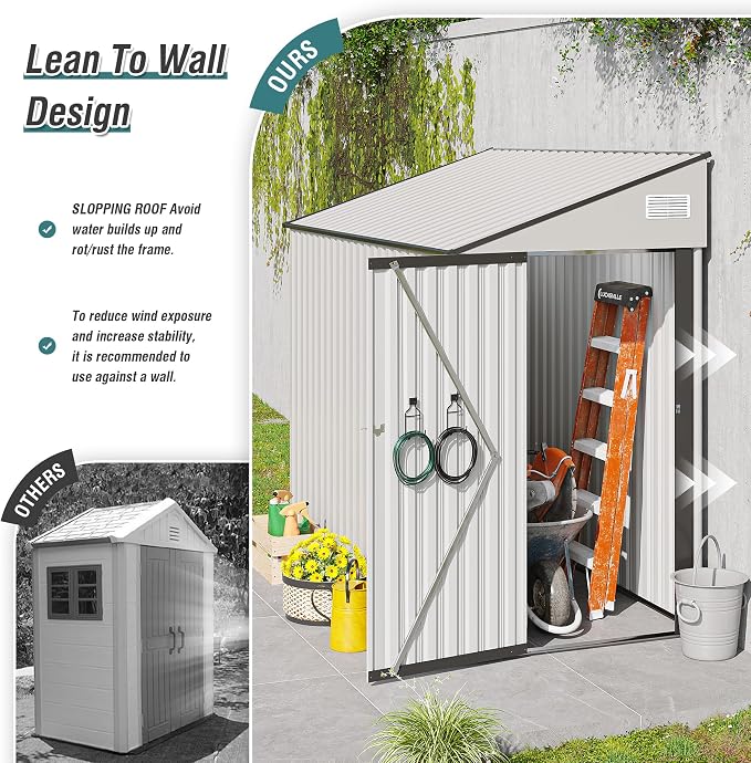 KEIKI 4' x 8' Outdoor Storage Shed with Single Hinge Door, All Weather Metal Lean to Shed with Vents, Garden Tool Shed for Bike,Toy, Garbage Can, White