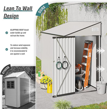 YOPTO 4x8 FT Lean to Shed, Outdoor Metal Storage Sheds with Lockable Door,Garden Tool Shed with Sloping Roof for Backayrd, Patio,Lawn,White