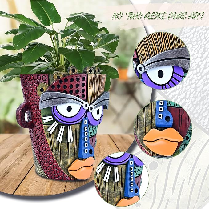 Midogaigai Abstract Face Planter Pots for Plants,Hand-Painted Colorful Flower Pots with Drainage, Indoor Outdoor Garden Decor Gift(Classic,Large)