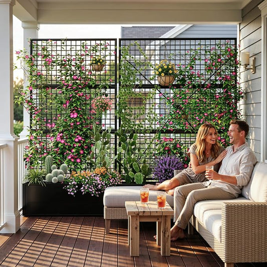 Privacy Planters for Patio – Metal Raised Garden Bed with Trellis and Privacy Screen, 71"×47.2"×16" Planter Box with Drainage Holes for Climbing Plants, Vegetables, and Vines, Outdoor Backyard Black