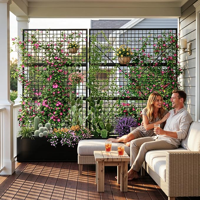 Privacy Planters for Patio – Metal Raised Garden Bed with Trellis and Privacy Screen, 71" x 35" x 16" Planter Box with Drainage Holes for Climbing Plants, Vegetables, and Vines, Outdoor Backyard Black