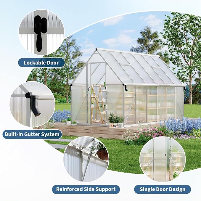 GarveeLife 8X14FT Polycarbonate Greenhouse with Aluminum Frame, Polycarbonate Greenhouse for Outdoors, Greenhouses with Ventilation and Rain Gutter, Aluminum Large Walk-in Greenhouses for Outside