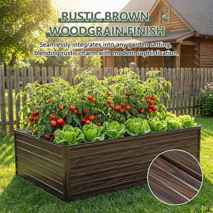 Galvanized Raised Garden Beds, 8x4x2FT Outdoor Planter Boxes with Safety Edging and Gloves, Rustic Country Style Metal Garden Bed Kit for Vegetables Flower and Fruits (Brown Wood Grain