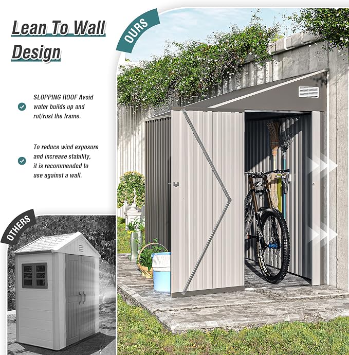 YOPTO 4x8 FT Lean to Shed, Outdoor Metal Storage Sheds with Lockable Door,Garden Tool Shed with Sloping Roof for Backayrd, Patio,Lawn,Gray