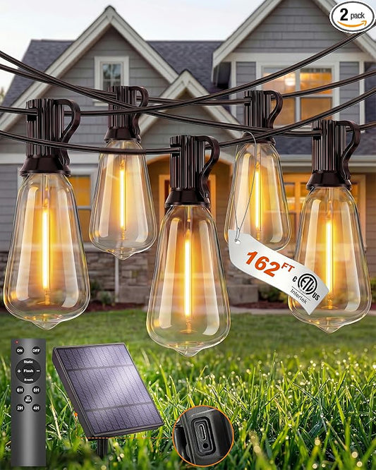 Solar String Lights Waterproof, 162FT(72+3) ST38 Outdoor Lights with Remote, Dimmable, Timer, 3 Light Modes, USB & Solar Patio Lights for Backyard, Yard, Garden, Gazebo, Fence (2700K)