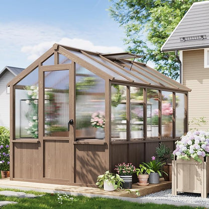 Garvee 6x10 FT Wooden Greenhouse - Walk-in Greenhouses for Outdoors, Large Spruce Frame Green House with PC Panels, Adjustable Roof Vents & Lockable Door, Green Houses for Garden,Backyard,Patio,Lawn
