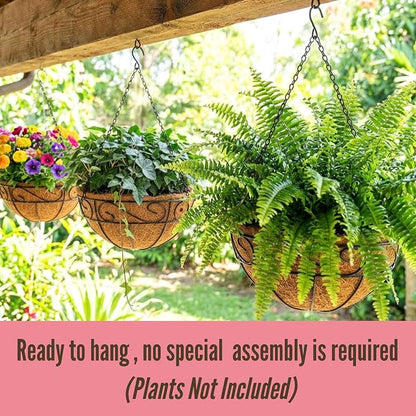 LaLaGreen Hanging Baskets for Plant Outdoor (18 Inch, 4 Pack) Large Black Metal Wire Hanging Planter with Coco Liner Round Flower Pot Hook Holder Hanger Deck Porch Country Modern Garden Balcony Decor
