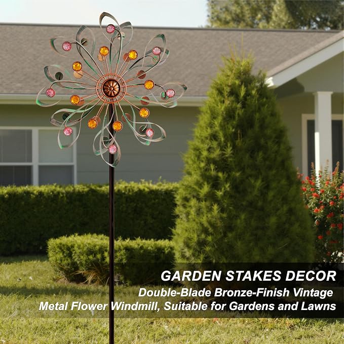 Large Metal Wind Spinners Outdoor, Double-Layer Yard Wind Spinner Outdoor with Stake, Kinetic Windmill for Yard and Garden, Lawn, Patio (60"× 14")
