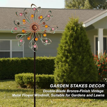 Large Metal Wind Spinners Outdoor, Double-Layer Yard Wind Spinner Outdoor with Stake, Kinetic Windmill for Yard and Garden, Lawn, Patio (60"× 14")