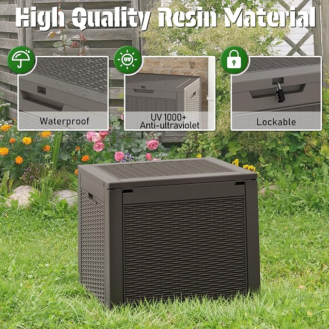 Outdoor Storage Box, 35 Gallon Resin Deck Boxes Outdoor Waterproof For Patio Furniture, Garden Tools, Pool Supplies, Lockable And UV Resistant (Rattan Gray)
