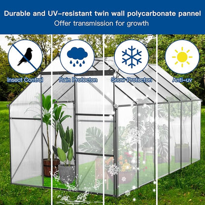 6x12 FT Polycarbonate Greenhouse with Raised Base and Anchor Aluminum,Heavy Duty Walk-in Green Houses,w/ Drainage System & Adjustable Roof/Sliding Door,for Outdoor Backyard,Black