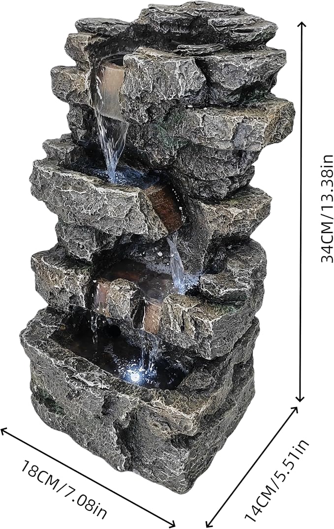 Tabletop Rock Waterfall Fountain, 4-Tier Stacked Stone, Resin, LED Lights, USB Powered, 7.08 x 5.5 x13.3Inches