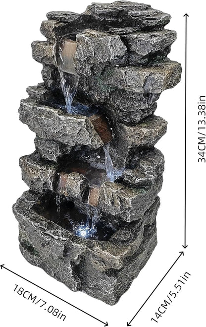 Tabletop Rock Waterfall Fountain, 4-Tier Stacked Stone, Resin, LED Lights, USB Powered, 7.08 x 5.5 x13.3Inches