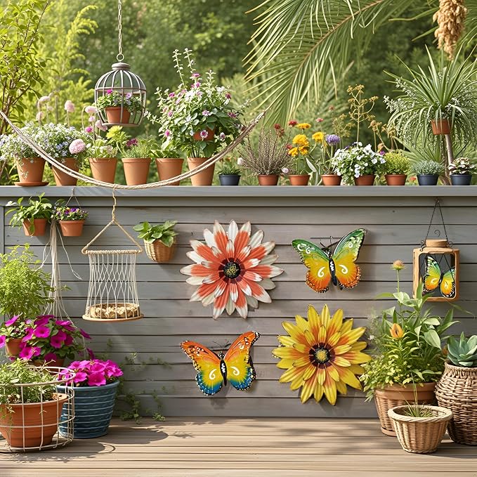 Meduofon Metal Flowers Outdoor Wall Decor, 4 Pack Metal Flower & Butterfly Wall Art Decor Outdoor or Indoor, Wall Sculptures for Deck Decor, Garden Fence, Yard, Patio, Porch, Bedroom, Living Room