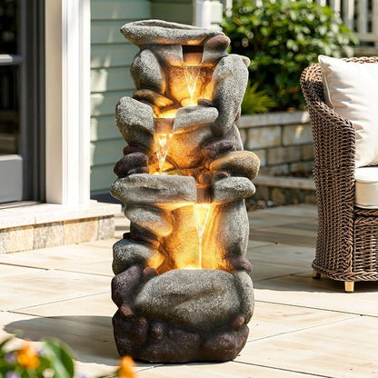 Utym 40" H Oversized Pebbles Rock Outdoor Fountain with Warm LED Lights | 3-Tier Extra-Large Stacked Pebbles River Waterfall with Cascading Water Feature for Garden Patio Yard and Backyard