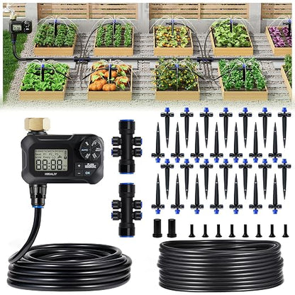 HIRALIY 100FT Drip Irrigation Kit with Timer, Quick-Connect Garden Watering System with 80FT 1/4" Tubing, 20FT Main Hose, 24 Adjustable Drippers for Raised Beds, Lawn & Greenhouse