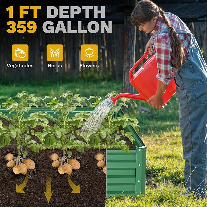 DWVO 12 x 4 x 1 FT Raised Garden Bed Kit, Outdoor Galvanized Flower Bed with Safety Rubber and Gloves, Large Metal Planter Box for Vegetables, Flowers, Herbs, Fruits, Green