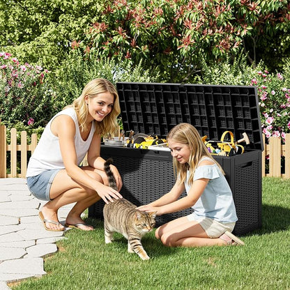 Outdoor Storage Box, 72 Gallon Resin Deck Boxes Outdoor Waterproof For Patio Furniture, Garden Tools, Pool Supplies, Lockable And UV Resistant (Rattan Black)