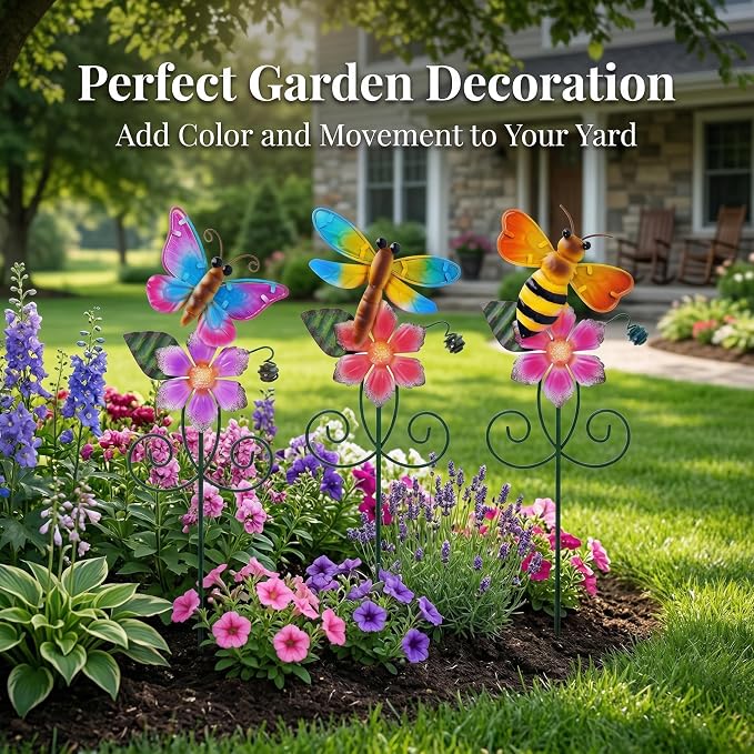 Topadorn Metal Garden Stakes Set of 3, Colorful Bee Butterfly & Dragonfly Garden Decor, Weatherproof Outdoor Yard Stakes for Lawn Patio Planters