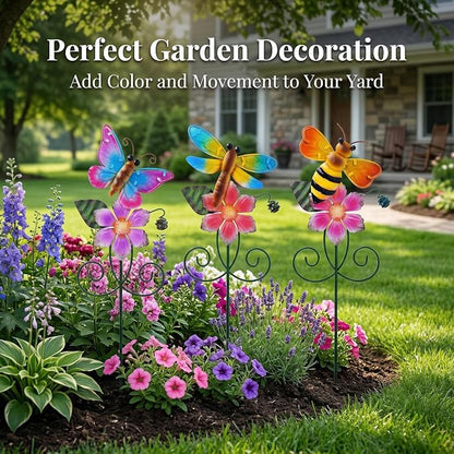 Topadorn Metal Garden Stakes Set of 3, Colorful Bee Butterfly & Dragonfly Garden Decor, Weatherproof Outdoor Yard Stakes for Lawn Patio Planters
